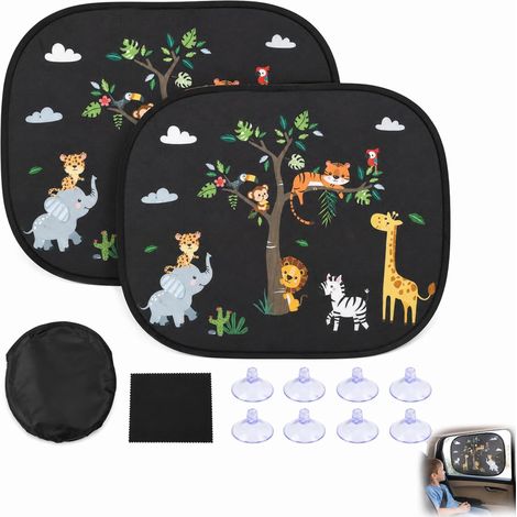2er-Set Sonnenschutzblenden fürs Auto mit UV-Schutz, 44 x 36 cm, Tiger-auf-Baum-Motiv, mit 8 Saugnäpfen, faltbar, für Kinder, niedliche Tiermotive, universell für Autofenster (1/5)