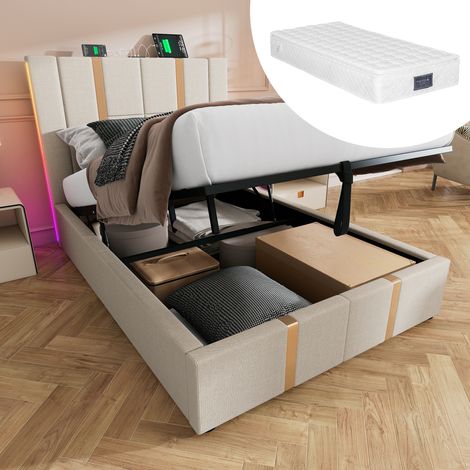 Polsterbett USB Type C Ladefunktion APP-Control LED Einzelbett 90×200 Stauraumbetten Bettgestell, Lattenrost aus Holz,Beige Leinenmaterial (Mit Matratze)