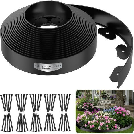Rasenkante and Beeteinfassung – 10m Flexible Gartenkante aus Kunststoff (5cm hoch) mit 50 Erdspießen – für Beetbegrenzung, Mähkante, Rasenkanten & Beetabgrenzung, Schwarz (1/5)