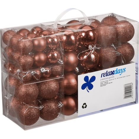 Relaxdays Christmas Baubles Set of 100, Festive Ornaments, Matt, Shiny, Glitter, Tree Balls ∅ 3, 4 & 6 cm, Brown
