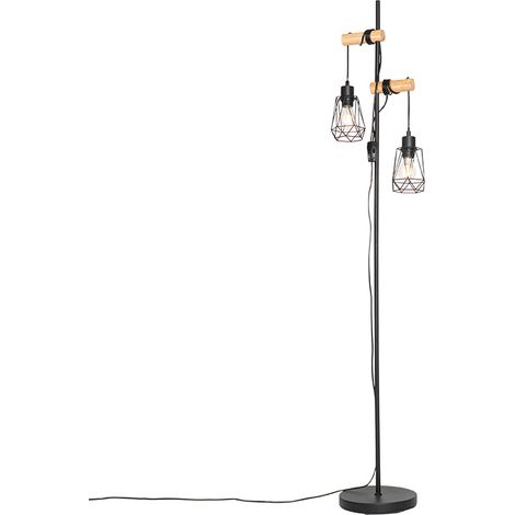 Land Stehlampe schwarz mit Holz 2 Lichter mit Schatten - Dami Frame (1/4)