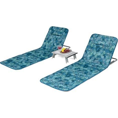 Lot de 2 Matelas de Plage avec Table d'appoint, Oreiller, Compartiment de Rangement, Matelas de Couchage avec Dossier réglable, Chaise Longue pour la Plage (Bleu Turquoise) (1/5)