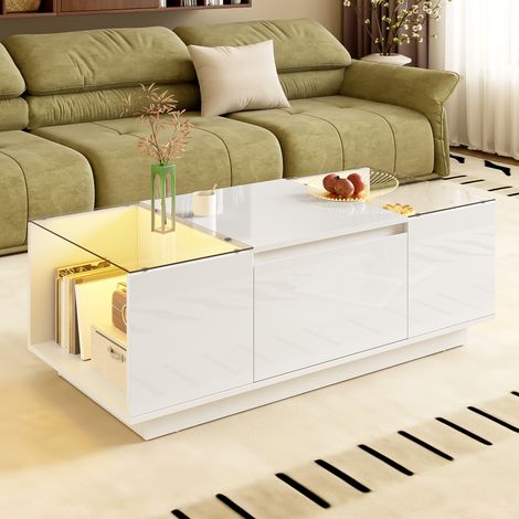 Table basse 105x50x35 cm blanche en panneau de particules avec LED, rangement et plateaux en verre (1/5)