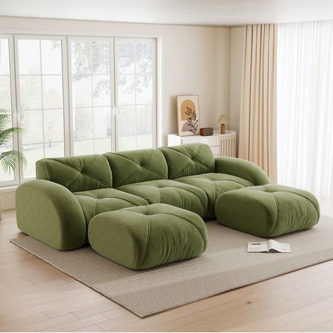 Canapé modulare 3 posti verde in ciniglia senza telaio con pouf, seduta morbida e design antiscivolo (1/5)