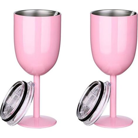2 verres à vin roses à double paroi en acier inoxydable qualité alimentaire, avec couvercle, pour le voyage (1/5)