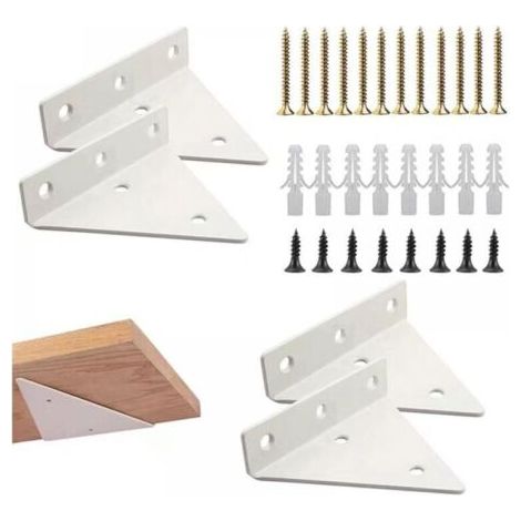 (Lot de 4) Supports d'étagère triangulaires blancs pour étagères flottantes, supports d'étagère murale d'angle invisibles avec vis de fixation (1/4)