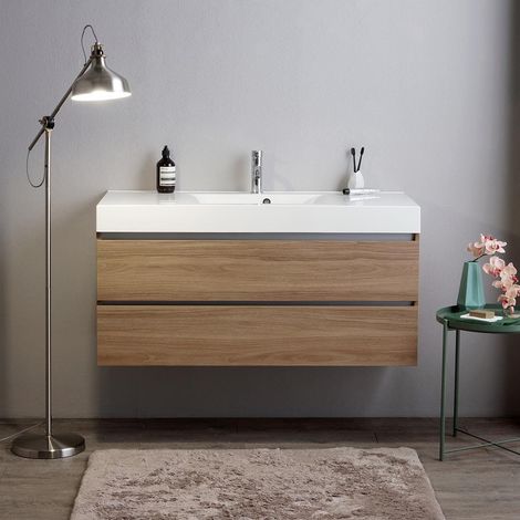 Mueble De Baño 120Cm 2 Cajones Roble Natural Y Lavabo 1 Tina Vittoria