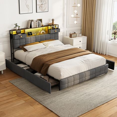 Lit double 160x200 avec Tiroirs Rangement, avec port USB et LED, Sommier Inclus, Lit Capitonné, Gris Velours, pour Chambre Adulte