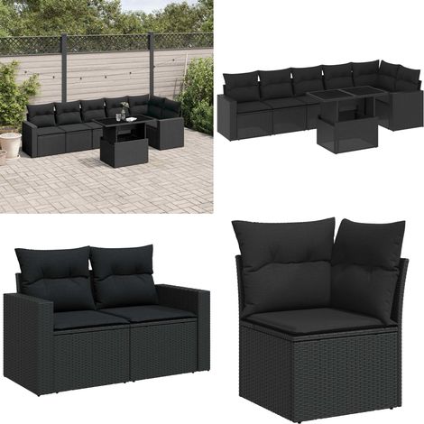 Salon de jardin 7 pcs avec coussins noir résine tressée - Ensemble Salon De Jardin - Meuble Extérieur - Jardin Design - Mobilier Résistant Aux Intempéries - Chaise Lounge - Home & Living (1/5)