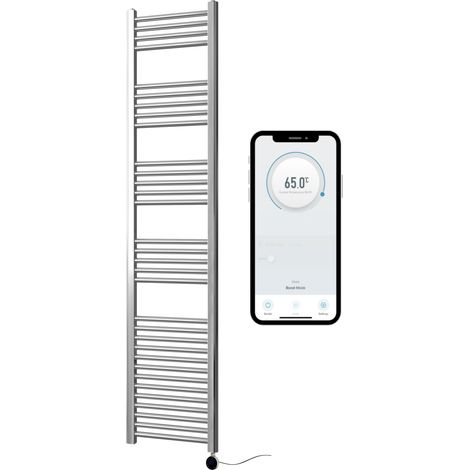 Chrome Electric Smart WiFi Controlled Heated Towel Rail 400mm W x 1800mm H Straight 7 Day Programmable Timer App Compatibility