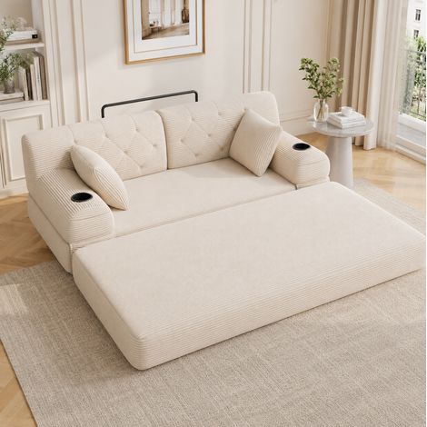 Sofa cama 168/80/81 cm en pana beige con respaldo alto, 4 bolsillos laterales y 2 portabebidas (1/5)