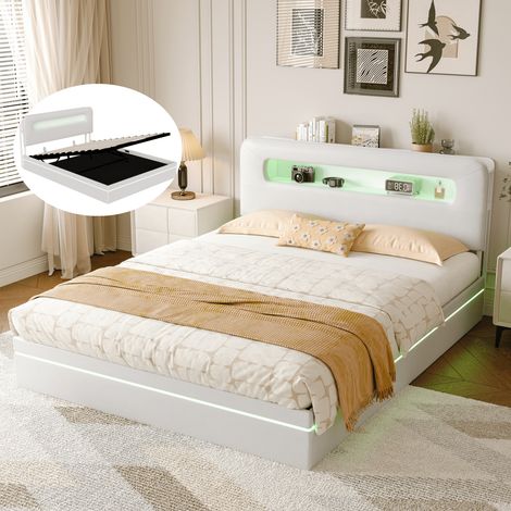 Lit capitonné 140x200 cm avec tête de lit rangement, Lit coffre 140x200 cm avec éclairage LED, Sommier à lattes, Velours beige (1/5)