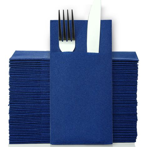 50 pcs Serviette Porte Couvert Jetable Bleu Roi Serviette de Table Intisse Epaisse Bleu Fonce avec Poche pour Mariage, Noël ou la fête 40 40cm (1/5)
