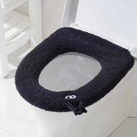 Housse de toilette douce et chaude - Coussin de siège WC lavable - Confort salle de bain - Universel 1 pièce noir (1/5)