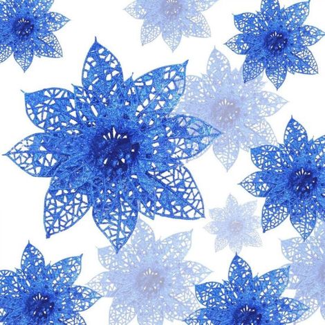 24 Sparkling Poinsettias, Artificial Christmas Flowers, Christmas Tree Decorations, Christmas Tree Ornaments (Blue) (1/5)