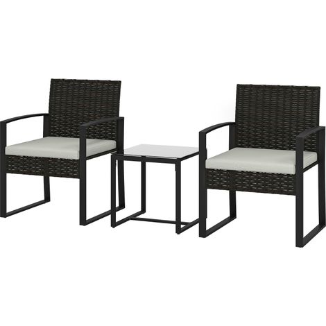 Salon de Jardin en Rotin Synthétique, 2 Chaises avec Coussins Amovibles, Table avec Plateau en Verre, Crème (1/5)