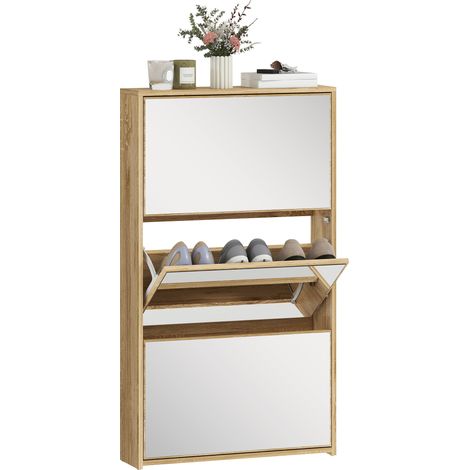 HOMCOM zapatero estrecho 3 puertas con espejo, zapatero entrada recibidor, para 9 pares de zapatos, para espacios reducidos, 65x17x114,5 cm, natural