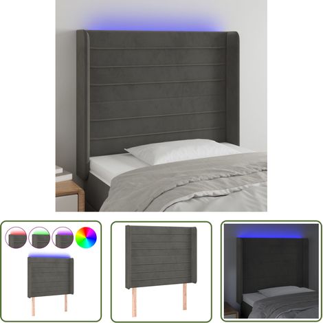 The Living Store Tête de lit à LED Gris foncé 103x16x118/128 cm Velours - Tête De Lit Led - Tête De Lit Velours - Tête De Lit Moderne - Éclairage Led - Têtière De Lit (1/5)