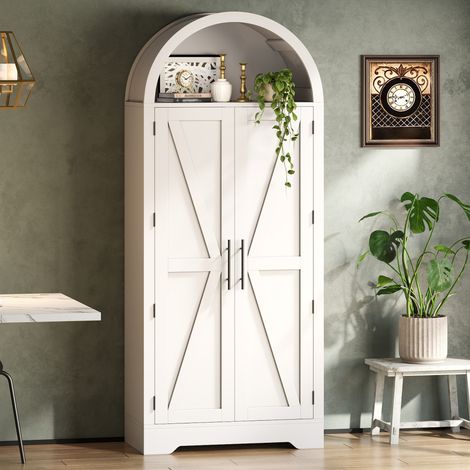 Armoire Haute de Rangement Arquée 70x35x170 cm, Niche Ouverte, 2 Portes, Étagères Réglables, Style Campagne, MDF - Blanc (1/5)