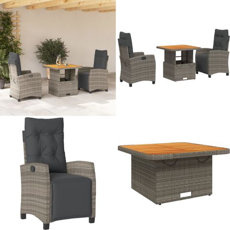 Set comedor de jardín 3 piezas con cojines ratán sintético gris - Sillas de jardín - Mesa de jardín