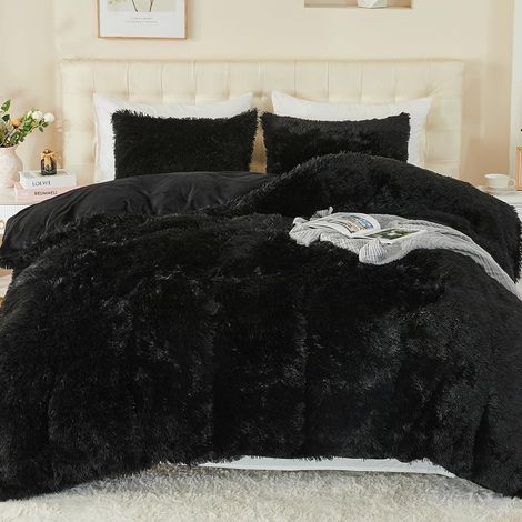 Ensemble de literie en peluche 200x200cm avec couette moelleuse en castor, ensemble pour lit Shaggy et peluche, ensemble de draps doux et 2 taies d'oreiller 80x80cm, Noir (1/5)