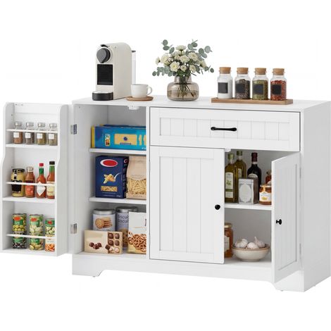 Weißes Küchen-Sideboard, 3 Türen, 1 Schublade, Soft-Close-Mechanismus, verstellbare Einlegeböden und Flaschenregal