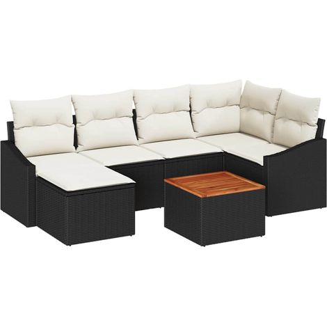 Garden Sofa Set with Storage 7 pcs Black and Cream Poly Rattan vidaXL