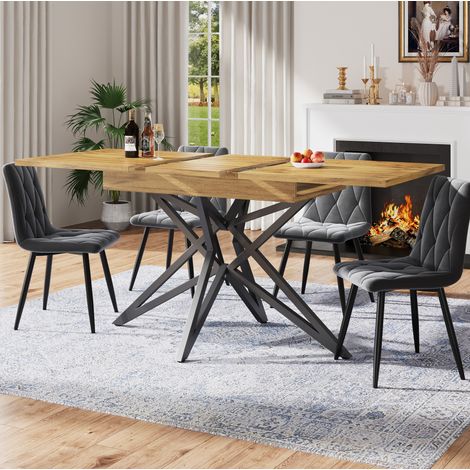 Conjunto de comedor MDF y metal color nogal, mesa extensible 120/160x80x66,1 cm con 4 sillas de terciopelo gris oscuro (1/5)