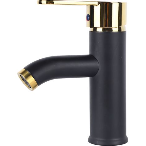 Robinet de lavabo monotrou à poignée unique, mitigeur eau chaude/eau froide en acier inoxydable noir et or (1/5)
