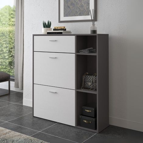 Mueble zapatero con 2 puertas batientes y cajón grafito y blanco 90x26x101,5H - Tamik (1/4)