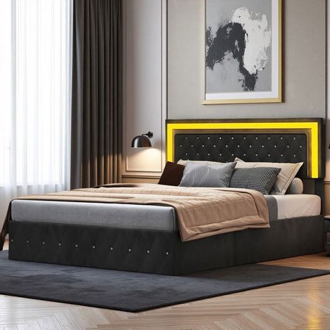 Cama 160x200 cm, cama de adulto, cama doble, marco de cama 160x200 cm, LED, terciopelo, negro