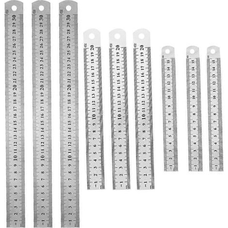 Set mit 9 kurzen Stahllinealen für Büro und Schule. – 30 x 3 cm – Silber (1/3)