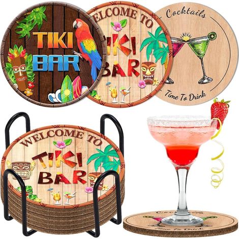 6er Set Getränkeuntersetzer mit Halterung, Kork, saugfähig, Tiki-Bar-Design (1/5)