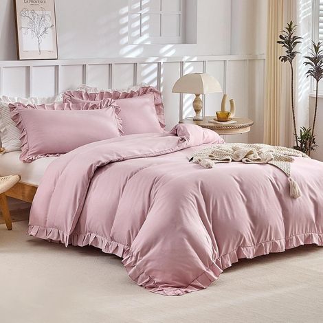 Bettwäsche-Set 240x220 cm Mikrofaser mit Volant 3-teilig Rosa