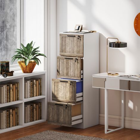 Tiroir de bureau avec 4 tiroirs Verrouillage 2 clés Barres suspendues pour A4 Carte 39,4x40x129 cm Blanc et Bois (1/5)