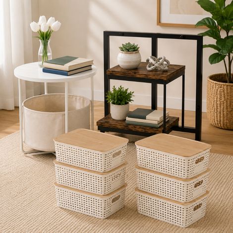Conjunto de muebles de almacenamiento de estilo industrial (3 piezas): estantería de metal y madera, mesita auxiliar y cajas con tapa de bambú (1/5)