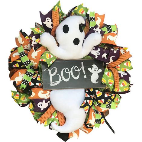 Guirlande Halloween - Couronne Fantôme Blanche pour Porte d'Entrée - Décoration Intérieure et Extérieure - Diamètre 40 cm - 1 pièce (1/5)