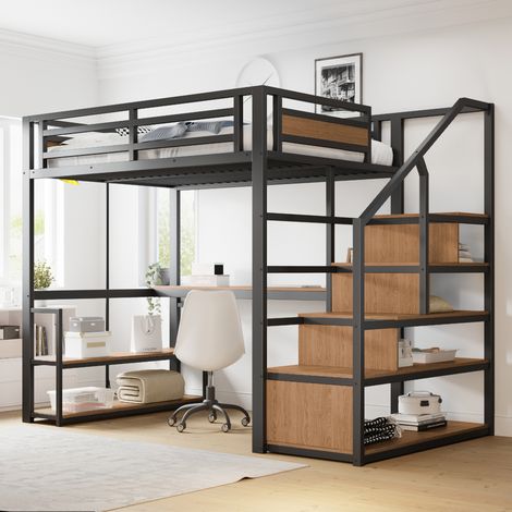 Hochbett 140x200 cm Schwarz aus Metall und MDF mit Leiter, Regalen, Tisch und Sicherheitsumrandung (1/5)