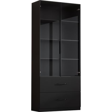 CHICFURN Vitrine LED noire 60x40x160 cm avec 2 portes en verre trempé, 2 tiroirs, cadre aluminium et charnières à fermeture douce, meuble de rangement lumineux (1/5)