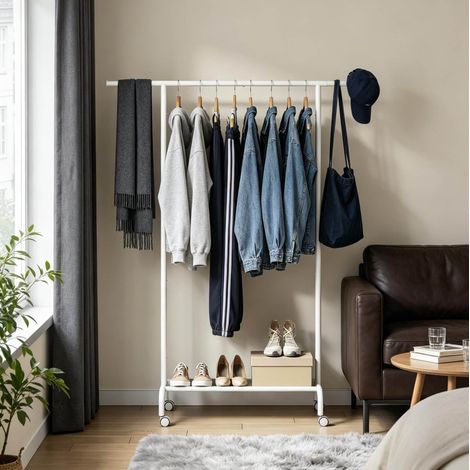 Perchero con ruedas (84-124x40x156 cm), barra extensible, estante inferior, metal, tela Oxford, plástico blanco (1/4)