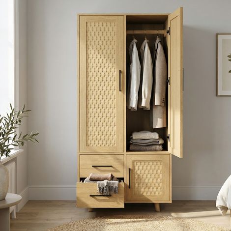 Armadio guardaroba in legno effetto rattan, mobile contenitore 80x52x176 cm con appendiabiti e 2 cassetti, sistema anti-ribaltamento, stile scandinavo bohémien, rovere chiaro