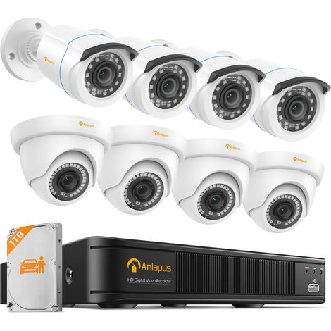 FULL HD 1080P H.265+ Kit Vidéo Caméra Surveillance Extérieure - 8CH DVR avec 1To disque dur, 4pcs en Bullet et 4pcs en Dôme- App (1/5)