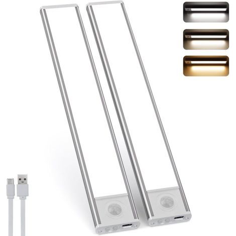30CM LED Lampe de Placard, avec Détecteur de Mouvement, 2500mAh, Rechargeable USB, 4 Modes, Dimmable Éclairage étude de Cuisine Veilleuse Escalier Montage Magnétique, 2 Pack (1/5)