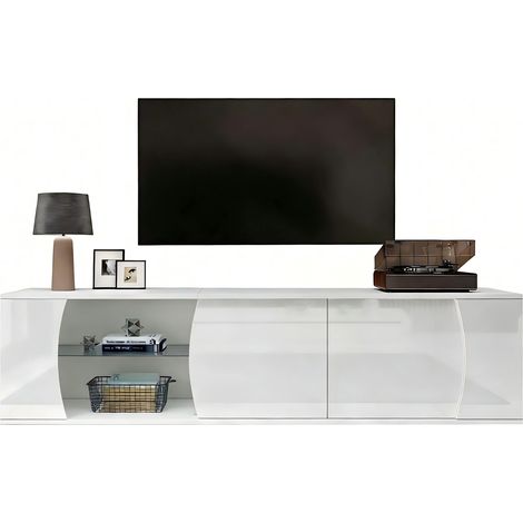 Meuble TV LED 180 cm blanc à 3 portes, plateau brillant, rangement en verre trempé, en panneaux de particules, pour téléviseur jusqu’à 80 pouces, CHICFURN (1/5)