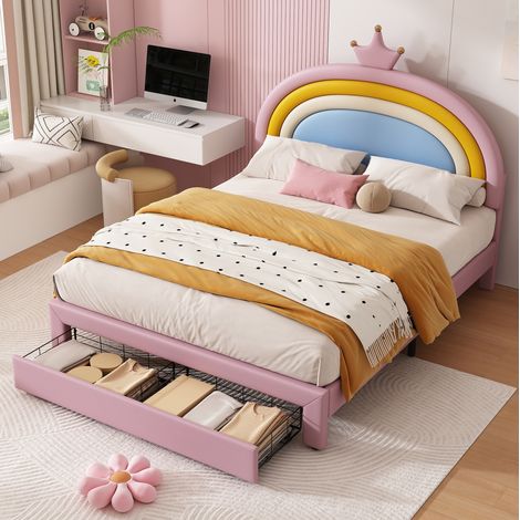 Lit enfant 140x200 cm rose en revêtement PU avec tête de lit réglable et tiroir (1/5)