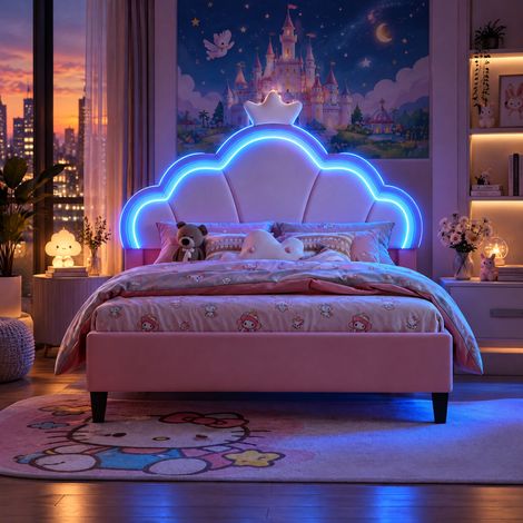 JOOKGBD-Letto bambino 140x190 cm,letto matrimoniale,letto principessa,letto imbottito,testiera a corona,LED regolabile,testiera regolabile,rete a doghe,velours,rosa (1/5)