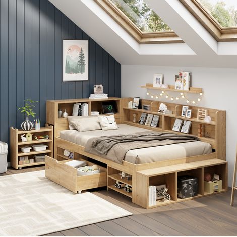 Kinderbett aus Sperrholz Natur 90x200 cm mit Stauraum und inklusive Lattenrost (1/5)