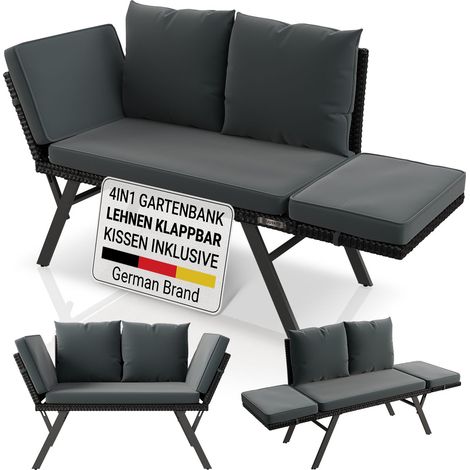 JUSKYS® Gartenbank Calvia Schwarz/Grau - klappbare Polyrattan Gartensofa inkl. Kissen, Multifunktionsbank mit 240 kg Belastbarkeit