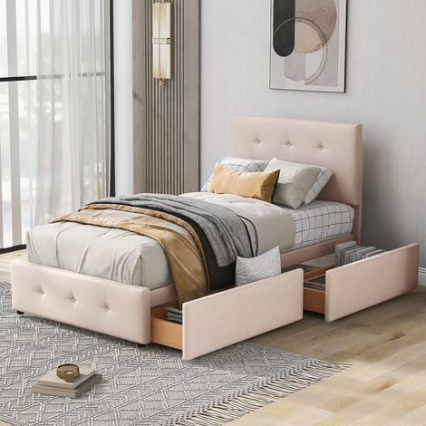 Lit rembourré 90 x 200 cm avec lattes, tête de lit capitonnée et 2 tiroirs, velours doux, beige foncé, lit simple enfant junior d'appoint (1/4)