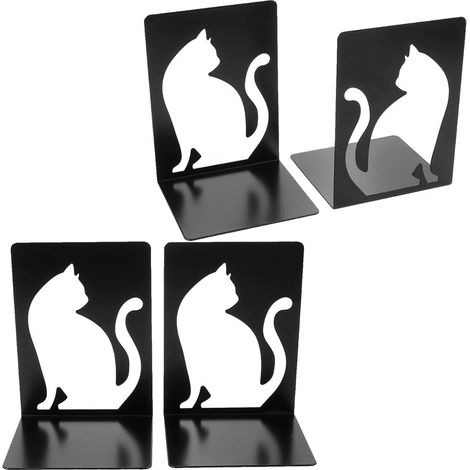 paires de serre-livres robustes et décoratifs en métal, pour étagères, antidérapants (noir, style chat blanc) (1/5)